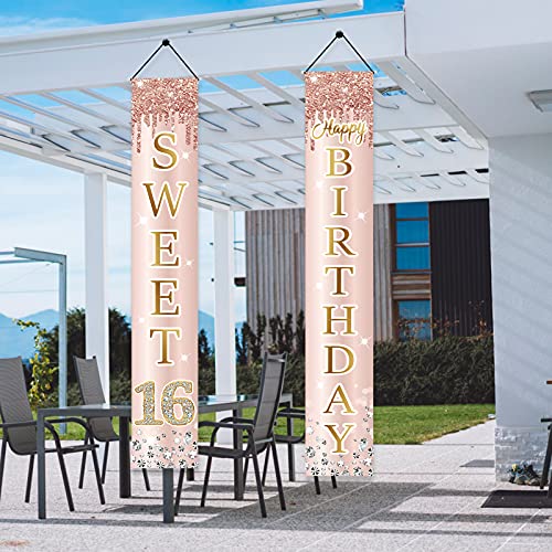 Image of Sweet 16th Birthday Door Banner Decorations for Girls, Pink Rose Gold Sweet 16th Birthday Backdrop Porch Sign Party Supplies, Happy Sweet Sixteen Year Old Birthday Decor for Outdoor Indoor