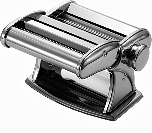OVENTE Pasta Maker Machine Stainless Steel with 7 Positions Thickness Setting (0.5 to 3 mm), Includes 3 Attachments of Hand Crank Roller, Double Noodle Cutter and Countertop Clamp, Silver PA615S