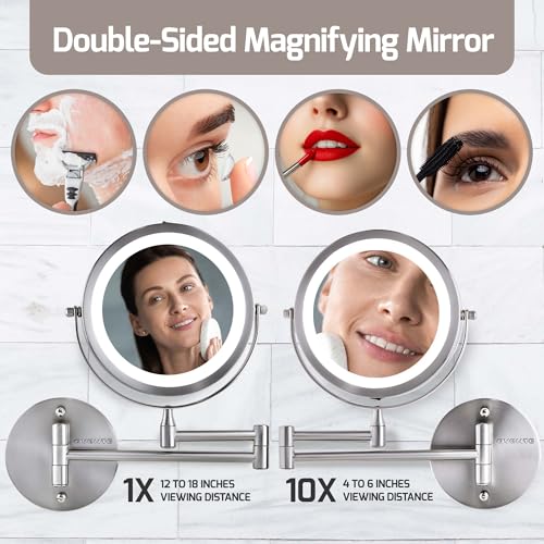 Image of OVENTE 7 inch Wall Mounted Lighted Makeup Mirror, Nickel Brushed MFW70BR1X10X | Cordless Double Sided 1X /10X Magnifying Mirror for Bathroom with LED Lights, 360 Rotation, Extendable Arm, Battery Operated