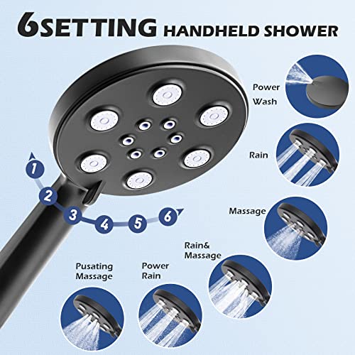 Shower Head With Handheld, 12'' High Pressure Rain Shower Head With 11'' Extension Arm, Built-In Power Wash 6 Spray Settings Anti-Leak Handheld Shower Combo With 60" Hose, Height/Angle Adjustable #TOP4