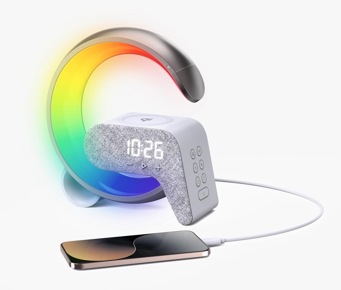 IMMAX Lampa relaksacyjna LED FLAMINGO z ładowaniem QI, budzik, RGB, wyjście USB, srebrna