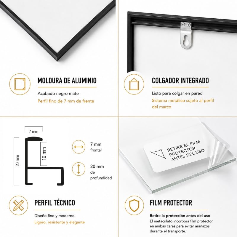 2 Marcos de Aluminio Negro Mate 33X98, Moldura Premium | marco para fotos, láminas, púzles. Metacrilato 2 mm, trasera Foam antihumedad, fácil montaje, listo para colgar,.