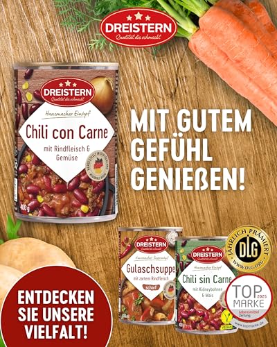 DREISTERN Chili con Carne 400g I Mit Rindfleisch & Gemüse I High-Protein-Eintopf mit hochwertigen Nährwerten I Lange Haltbarkeit & ohne zugesetzte Konservierungsstoffe I Hausmacher Qualität