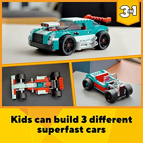 Creator 3in1 Street Racer 31127 Building Kit Featuring a Muscle Car, Hot Rod Car Toy and Race Car; Car Models for Kids Aged 7+ Who Love Creative Fun and Fast-Paced Action (258 Pieces) - Lego - Immagine 1