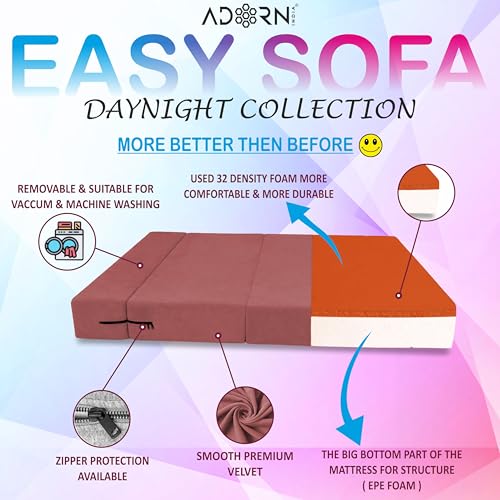 Image of Adorn India Easy 4 Seater Sofa Cum Bed | Velvet Fabric | Pink | Plain Design | 6x6 Ft | Comfortable Seating | Washable Cover | Perfect for Home & Office