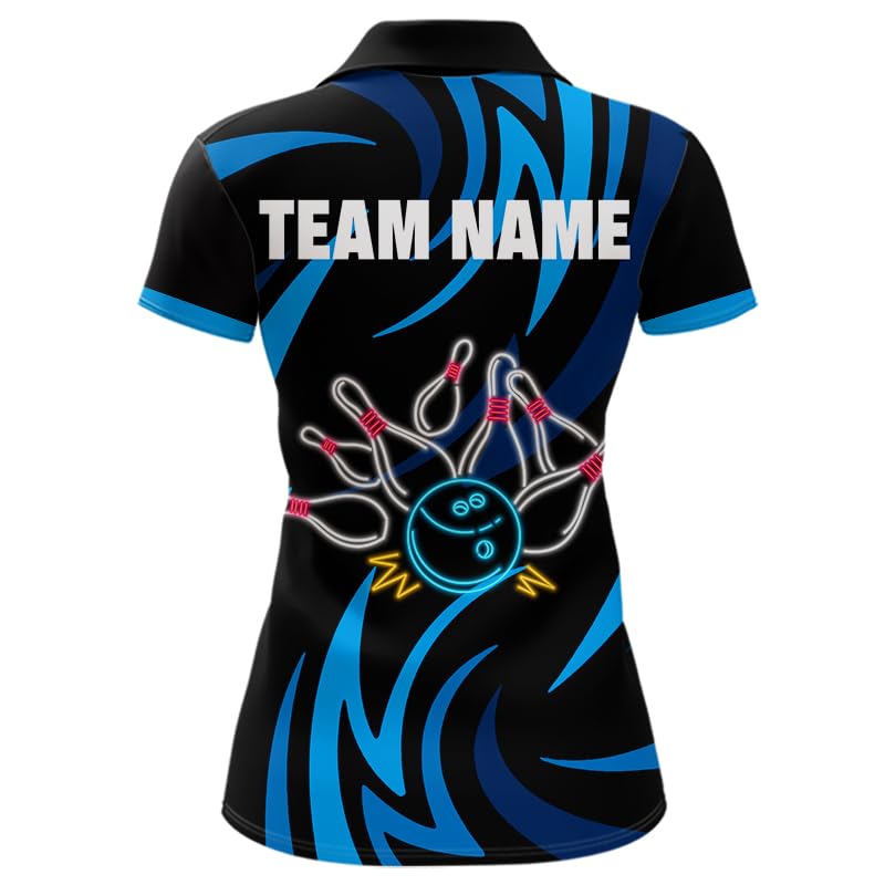PIONAMZIOZ Custom Neon Blue Bowling Shirt for Men Women Black & Blue Bowling Team League Polo & Quarter Zip (US, Alpha, Small, 5X-Large, Regular, Regular, Women Polo)