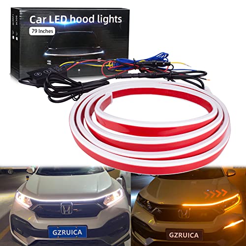 GZRUICA Car Hood Light Strip 200CM White Exterior Car LED Strip Lights for Hood Flexible Waterproof Dynamic Scan Sequential Turn Signal Amber DC12V Daytime Running Lights with Remote for Cars, Trucks