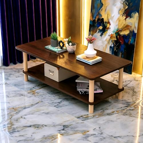 Image of Coffee Table - Rectangle Center Table for Living Room Engineered Wood Tea Table with Storage Stylish Teapoy Table for Hall, Lounge, and Office Spaces Durable (Brown)