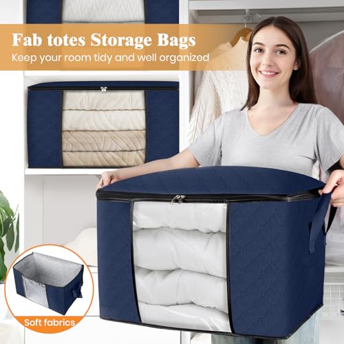 Image of Fab totes 24 Gallons Clothes Storage,Foldable Thick Fabric Blanket Storage Bags,Containers for Organizing Bedroom, Closet, Clothing, Comforter,Organization with Handle (6 Pack,Blue)