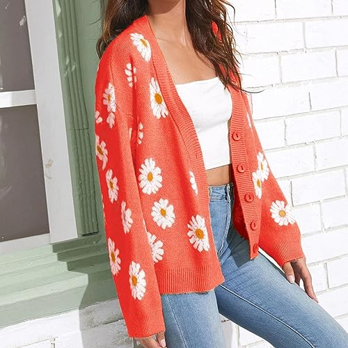 Image of Women's Long Sleeve Cardigan Sweater,Cute Y2K Top Knit Colorful Patterned V Neck Button Outwear S~XL