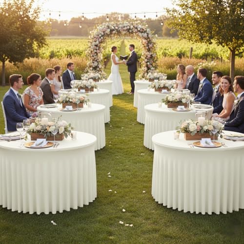 Image of HolidayIdeas 60 Inch Beige Spandex Round Table Skirts,Fitted Stretch Tablecloths for Round 5 ft Table, Wrinkle-Free Ruffle Design Tablecloths for Banquets,Wedding,Trade Shows, Parties, Events, 6 Pcs