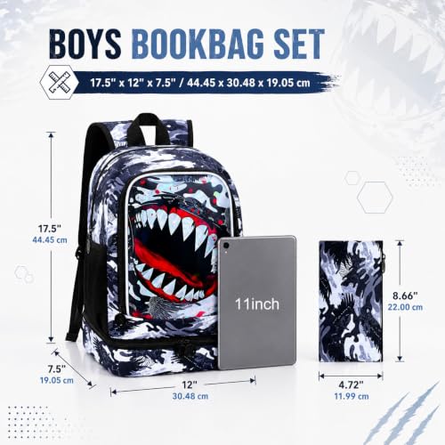 Image of 2 In 1 Shark Backpack for Boys, 17 inch Kids Bookbag with Insulated Lunch Box, School Backpacks for Elementary Preschool Kindergarten (Black)
