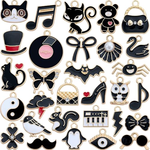 Anjulery 30Pcs Charms for Jewelry Making and Crafting - Assorted Enamel Charms for Bracelets Necklaces Earrings Pendants (Black)