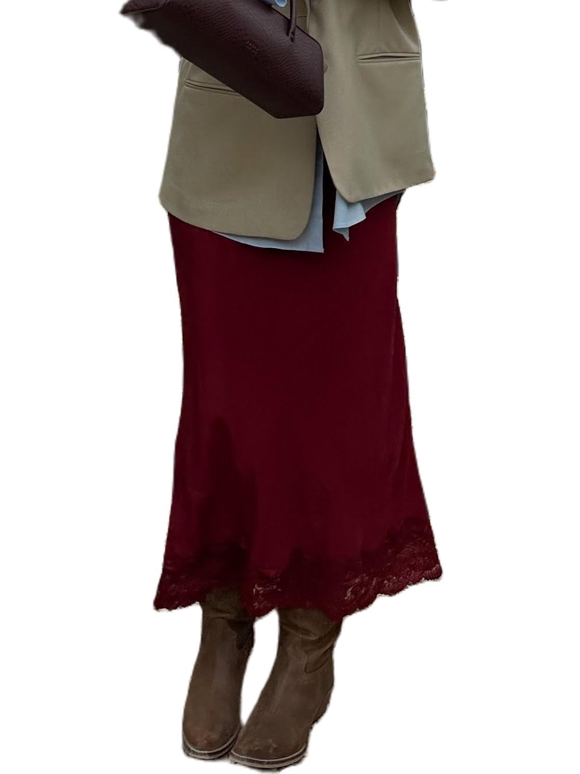 Women Lace Trim Long Satin Skirt Silk Midi Slip Skirt Elegant Flowy A-Line Midi Skirts
