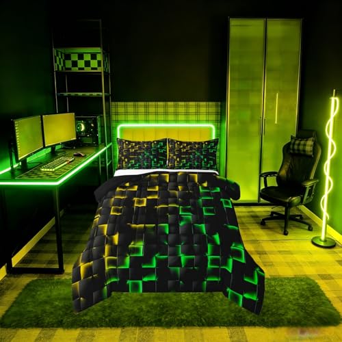 Image of Erosebridal Geometric Checkered Comforter Set Toddler Neon Yellow Green Bedding Set for Kids Boys Teen Gamer Room Decor,Abstract Ombre Plaid Comforter Grids Quilt Duvet Black