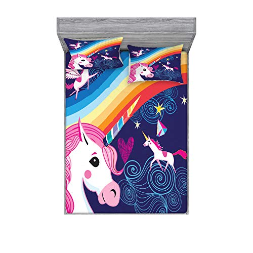 Ambesonne Unicorn Fitted Sheet & Pillow Sham Set, Colorful Arrangement of Mythical Animals in The Sky with Rainbows Girly Design, Decorative Printed 3 Piece Bedding Decor Set, Queen, Lavender