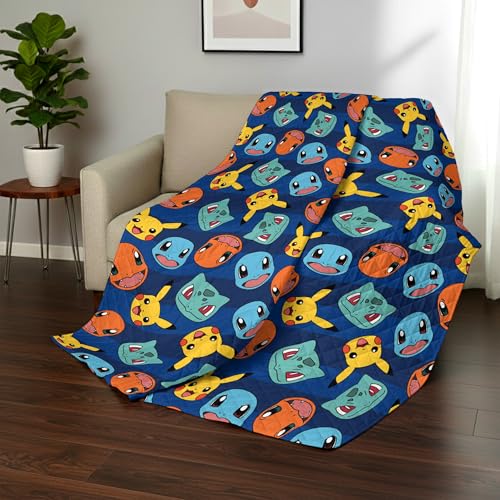 Image of Northwest Pokemon Striped Favorites Full /Queen Quilted Blanket, Cozy Fantasy Bedding for Gamers, Kids & Adults, Throw for Bedroom, Sofa, or Game Room Decor, 90 x 90 Inches