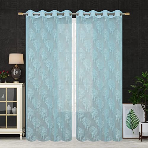 Image of Honger Polyester Beautiful Floral Tree Design 4 x 7 Feet Door Use Net Tissue Curtains Pack of 2 Pecs Aqua Net Curtains