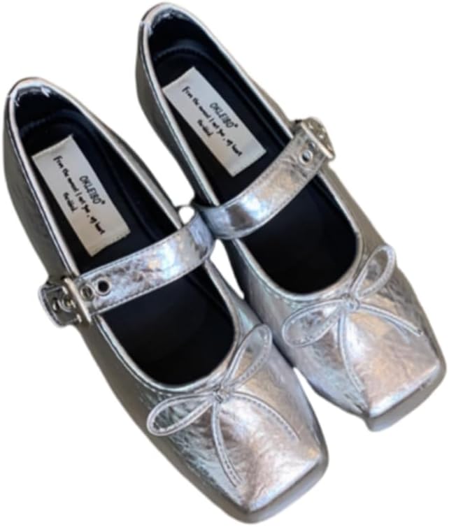 Women's Ballet Style Flat Shoes - Mary Jane Style with Ribbon Fastener & Bow Tie Detail