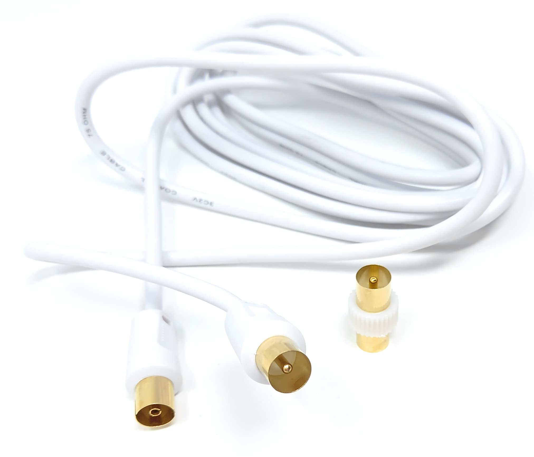 DRUT 3m TV Male to Female Extension Coax Cable, Supplied With a Male to Male Coupler Adapter, Gold Connectors 10ft White - Image 2