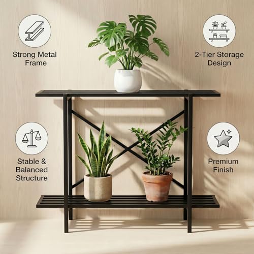 Image of ecofynd Adam Plant Stands for Outdoor Balcony, Flower Pot Stand for Indoor Plants, Large Metal Planter Stand for Living Room, home decor, Indoor & Outdoor plants, 2 Tier, (26 Inch, PS049-BLK)