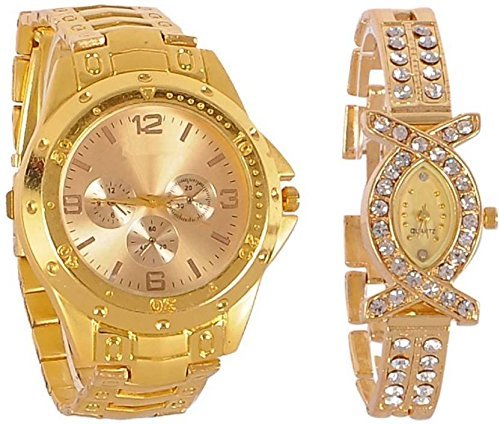 BLUTECH Analog Men & Women's Watch (Gold Dial Gold Colored Strap) (Pack of 2)