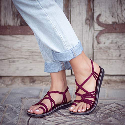 Plaka Palm Leaf Flat Summer Sandals For Women | Perfect For The Beach Walking & Dressy Occasions | Sangria | Size 7 #TOP4