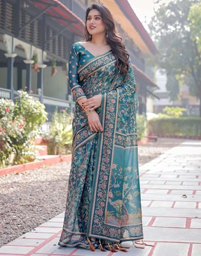 Image of SIRIL Women's Cotton Linen Printed Handloom Saree with Unstitched Blouse Piece