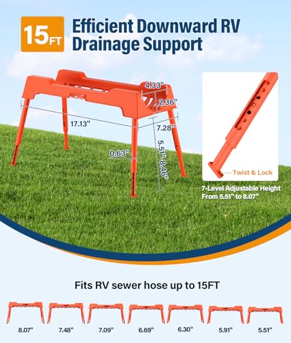 Image of RV Sewer Hose Support, 15FT Heavy-Duty Camper Waste Hose Holder with 7 Foldable Sections, Adjustable & Stable Waste Drainage Support with Strap, Stackable & Weather-Resistant, Orange (Patent Pending)