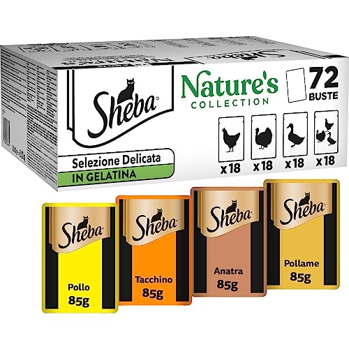 Sheba Nature’s Collection Selezione Delicata in Gelatina, gusti Pollo, Tacchino, Pollame, Anatra, cibo umido completo per gatti adulti, 72 Bustine da 85g