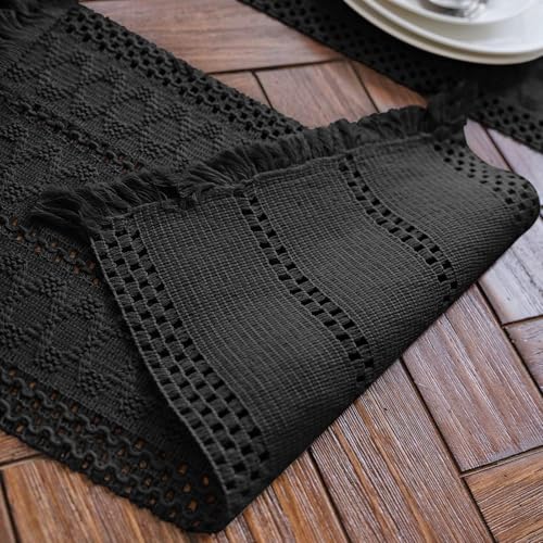 Alynsehom Macrame Table Runner Pure Black Boho Table Runners with Tassels Hand Woven Cotton Table Runner Rustic Farmhouse Table Runners for Bohemian Kitchen Dining Table(12x108in) by Alynsehom - Image 4