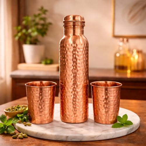 Image of JAIPUR ACE Hammered Pure Copper Water Bottle with Glass Set | 100% Copper Bottle Set | Leak Proof, Ayurvedic Benefits, Premium Design Gift Set for Home, Office, Gifting (Premium Hammered Bottle)