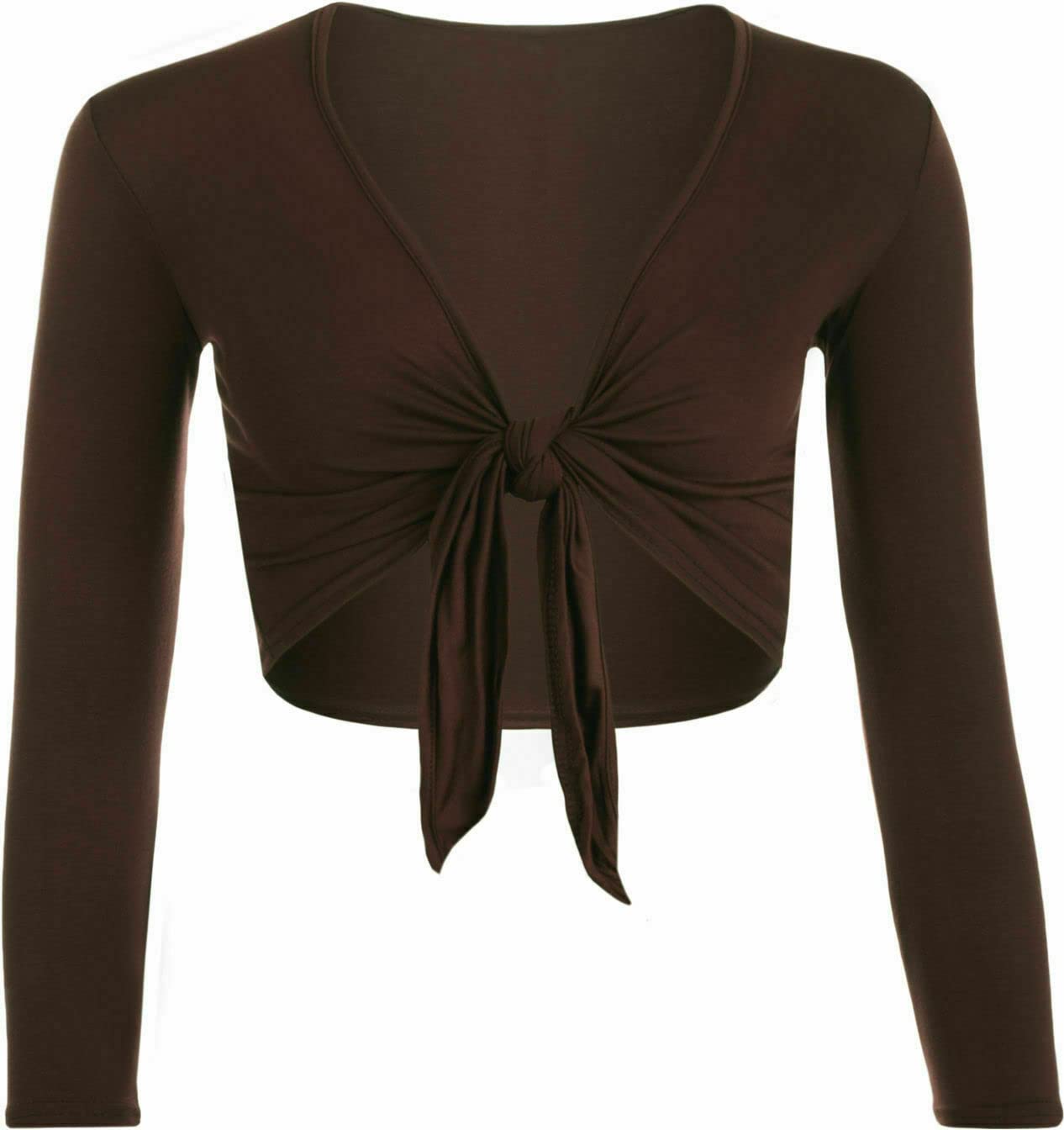 FAIRY BOUTIQUE Womens Long Sleeve Tie Up Bolero Shrug Ladies Plain Cropped Party Wear Shrug Cardigan Brown