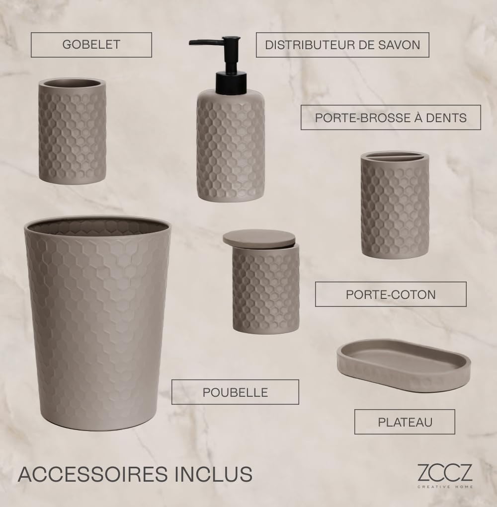 zccz 6 Piece Bathroom Accessories Set, Toothbrush Holder, Toothbrush Cup, Soap Dispenser,Bathroom Vanity Tray, Qtip Holder, Trash Can - Cement