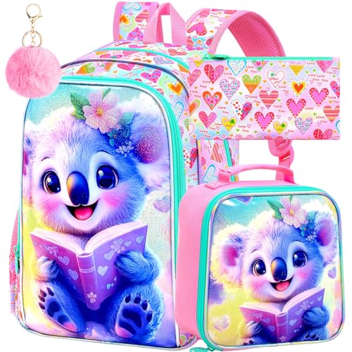 Image of AGSDON 3PCS Backpack for Girls, 16 inch Little Kids Koala Preschool Water Resistant Bookbag, Elementary Backpacks and Lunch Box