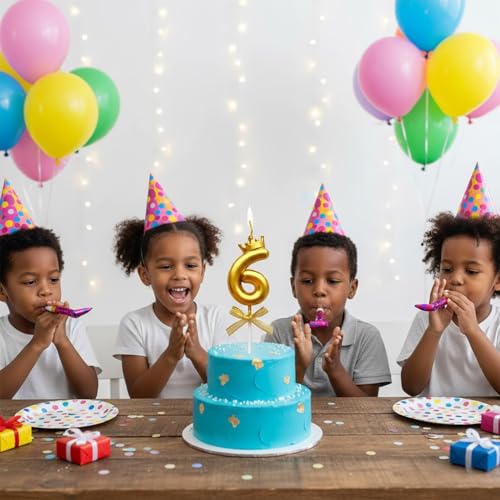 Image of Rozi Decoration Number 6 Birthday Candle for Cake with Crown Design | Gold Metallic Number Candle with Stick | Sixth Birthday Cake Topper for Baby, Kids and Party Celebration
