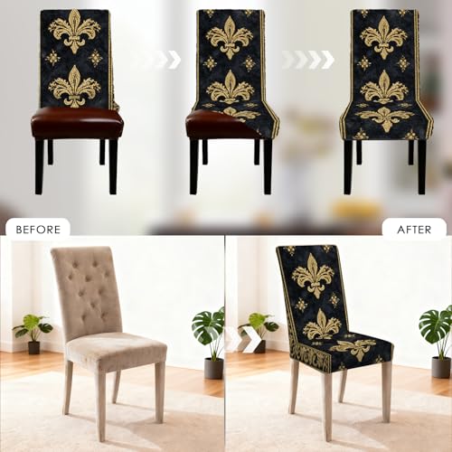 Image of Nuxovilar 4PCS Black Gold Fleur-de-lis Stretch Chair Covers | Stretch Slipcover Elegant Protector Fleur Wrap Seat Guard Dining Room Formal Banquet Event (Fleur-de-lis)