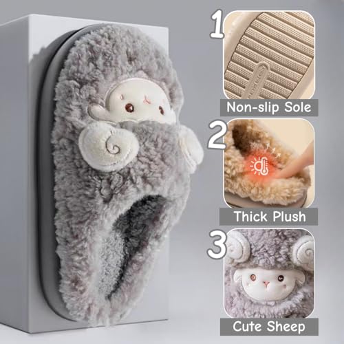 Cute Sheep Fuzzy Animal Slippers for Women & Men, Fluffy Plush Warm Lining, Memory Foam House Slippers with Thick Sole3