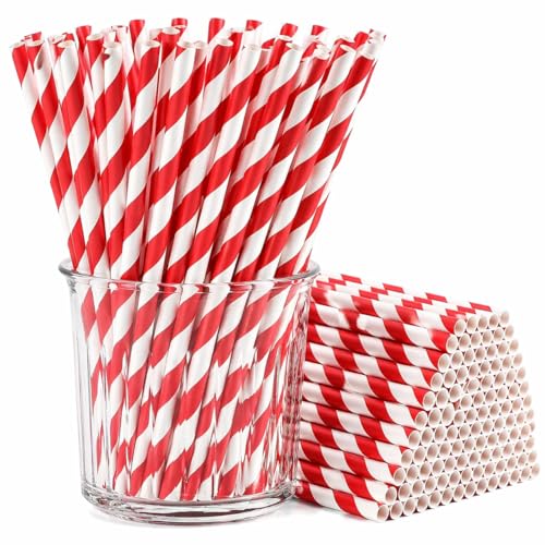 100 Pack Red and White Striped Paper Straws 7.75 Inch Disposable Drinking Straws for Christmas Birthday Party Valentines Day Holiday Wedding Party Decorations