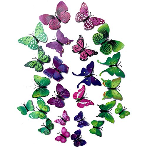 Wall Decor Wall Decorations, 3D Butterfly Wall Stikers for Room Classroom Bedroom Living Room Party Wedding, 24 PCs Paper Butterfly (Purple+Green)