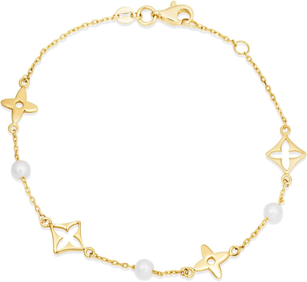 14K Yellow Gold Celestial Pearl Star Chain Link Bracelet 7.25"