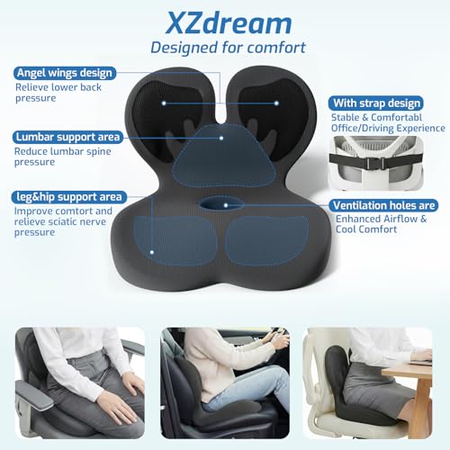 Image of Seat Cushion, Office Chair Cushion with Lumbar Support Pillow, Memory Foam Car Cushions, for Long Sitting, Tailbone & Back Pressure Relief,Sciatica Pad for Office, Car, Home Chairs
