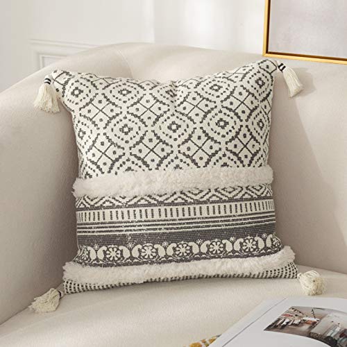 OJIA Kissenbezug im Boho-Stil, dekorativ, mit Quasten, neutrale Kollektion, getuftet, gewebter Kissenbezug, Landhaus-Dekoration für Zuhause, Couch, Wohnzimmer, Party (quadratisch 50,8 cm, grau) Cover