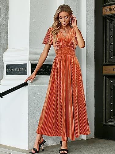 Image of Simplee Women's V Neck Velvet Maxi Dress Short Sleeve Empire Waist Long Formal Dress for Wedding Guest