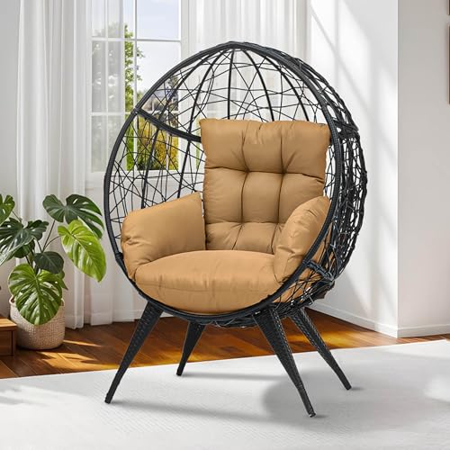 DWVO Oversized Egg Chair with Stand Rattan Outdoor Chairs, Large Lounger Chair with Cushion, Adjustable Leveling Feet, Egg Chair Indoor for Bedroom, Living Room, Outdoor Backyard, Patio, Garden, Beige