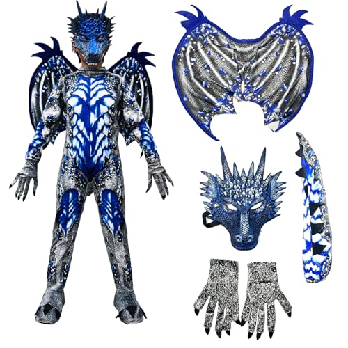 JANGZIIA Disfraz de Dragón para Niño 6-12 Años, Completo con Alas, Cola, Máscara y Guantes - Vestuario para Halloween, Carnaval, Fiestas Temáticas