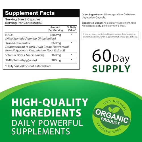 NAD+ 1000MG Resveratrol Ergänzung, Vegetarische Kapseln, 120 Weichkapseln, Steigert Energie und Verbessert den Stoffwechsel