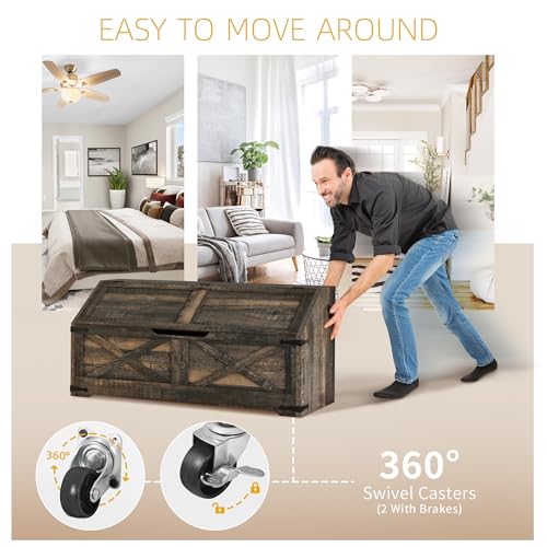 DWVO Storage Chest, Farmhouse Storage Bench with 4 Wheels, 39.4" Wood Storage Trunk with Safety Hinge, Sloped Design, Organizer for Living Room, Bedroom, Entryway, Dark Rustic Oak