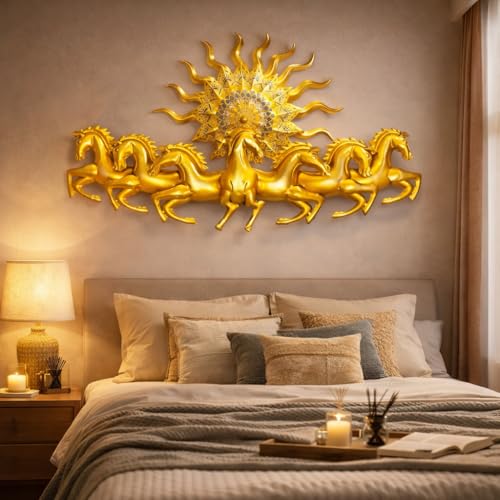 Image of iHandikart 7 Running Horses Metal Wall Art with Sun | Vastu Horses Wall Decor for Living Room | Golden Horses Wall Hanging | Luxury Metal Wall Decor for Home, Office & Entrance (36x21 Inch)