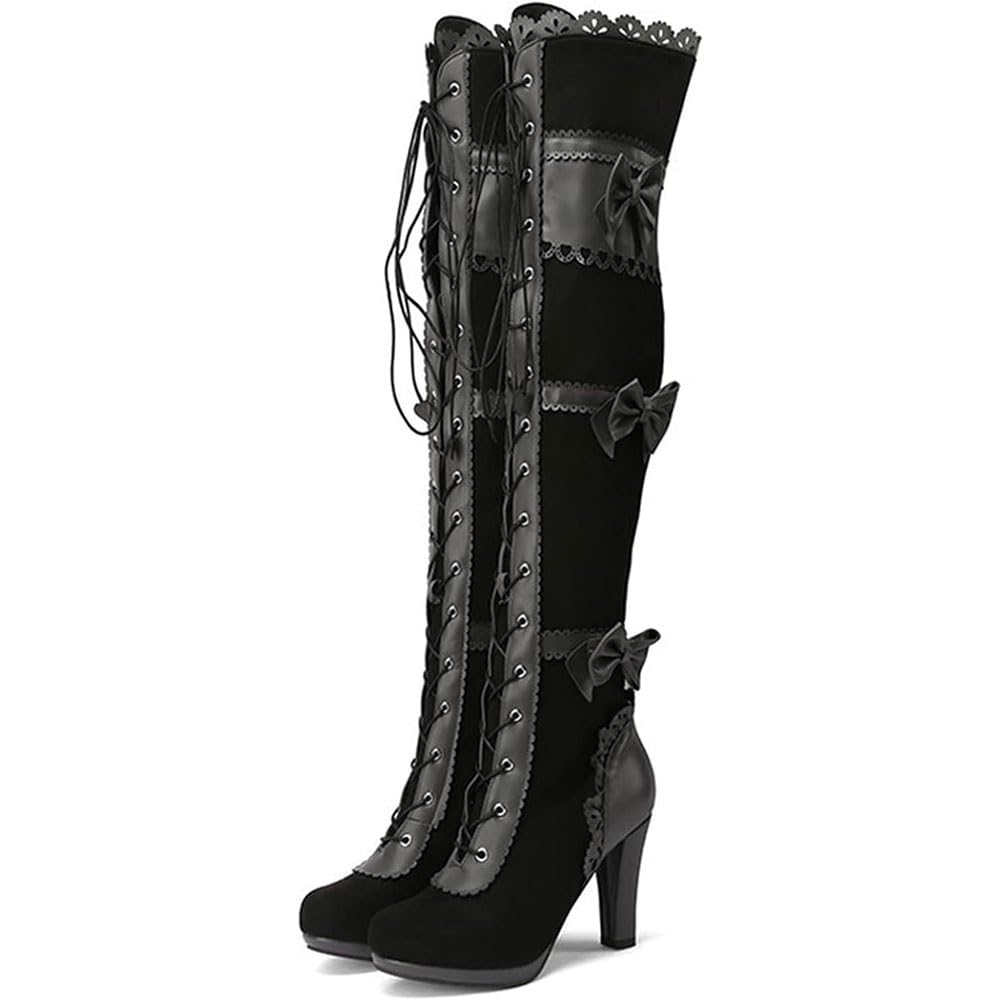 Sexy Overknee-Stiefel mit klobigem Absatz für Damen modische oberschenkelhohe Stiefel zum Schnüren mit Schleife geeignet für Party Abschlussball, Hochzeit lace/K/43EU